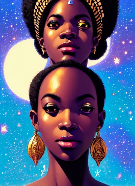 Prompt: a comic portrait of a cosmic african goddess with stars and clouds, fine - face, realistic shaded perfect face, fine details, jewelry, night setting. very anime style. realistic shaded lighting poster by ilya kuvshinov katsuhiro, magali villeneuve, artgerm, jeremy lipkin and michael garmash, rob rey and kentaro miura style, trending on art station