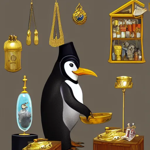 Image similar to Anthropomorphized penguin trader in his shop, selling his wares, portrait, items, gold, magic potions, carpet, window, fancy hat, sly expression , cunning expression, cute expression, long thick shiny gold beak, presenting wares, holding a gold bag, D&D, fantasy, cinematic lighting, highly detailed, digital painting, artstation, concept art, smooth, sharp focus, illustration, warm light, cozy warm tint, magic the gathering artwork, volumetric lighting, 8k, art by Akihiko Yoshida, Greg Rutkowski