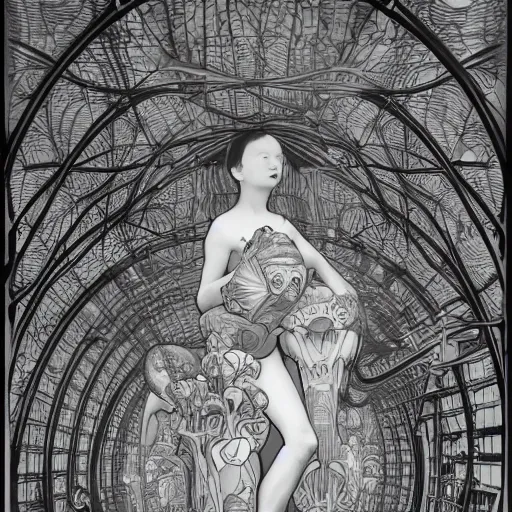 Prompt: alien breeding chambers, modern art installation, moma, extremely detailed, black and white photograph, by james jean and alphonse mucha and artgerm, 8 k