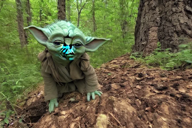 Prompt: yoda caught on trail cam