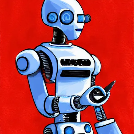 Image similar to robot taking canvas away from a human, digital painting