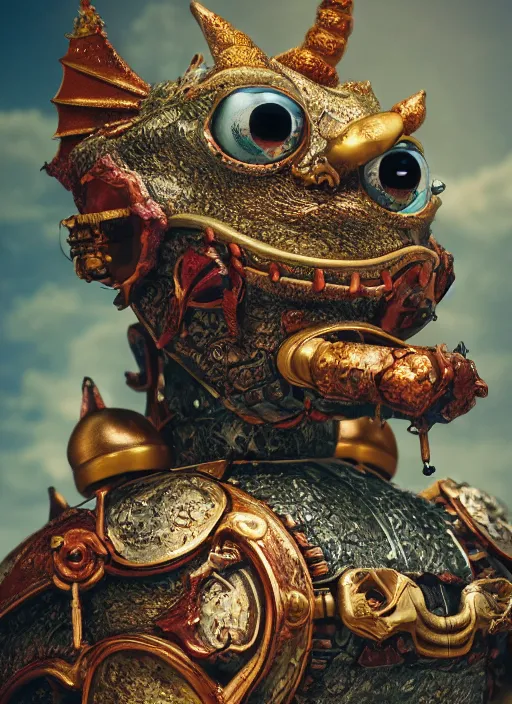 Prompt: closeup portrait of a tin toy fairytale dragon, depth of field, zeiss lens, detailed, symmetrical, centered, fashion photoshoot, by nicoletta ceccoli, mark ryden, lostfish, earl nore, hyung tae, frank frazetta, breathtaking, 8 k resolution, extremely detailed, beautiful, establishing shot, artistic, hyperrealistic, octane render