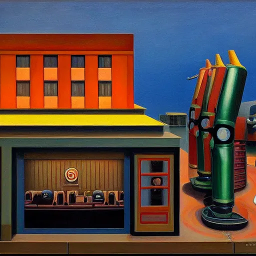 Image similar to droid factory, ( ( ( grant wood ) ) ), pj crook, ( ( ( edward hopper ) ) ), oil on canvas