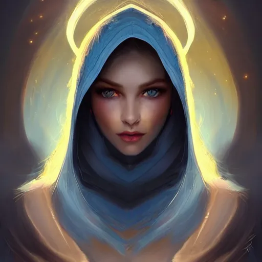 Image similar to A Character Card portrait of a beautiful young female face by Julia Razumova. She has perfect white skin like silk. She has blonde hair and stunning blue eyes. She has pretty lips and she wears a dark hood over her hair. blue crystal shards illuminated by orange fireflies as background. trending on artstation