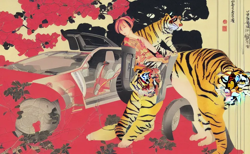 Image similar to a red delorean and a yellow tiger, painting by hsiao - ron cheng & utagawa kunisada, magazine collage style,