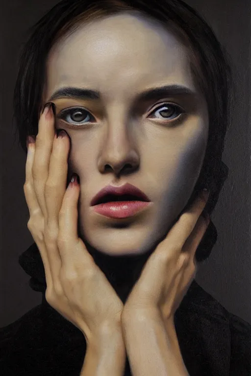 Prompt: hyperrealism oil painting, portrait fashion model, face is wrapped in a black scarf, sad eyes, dark background, in style of classicism mixed with 8 0 s japanese sci - fi books art