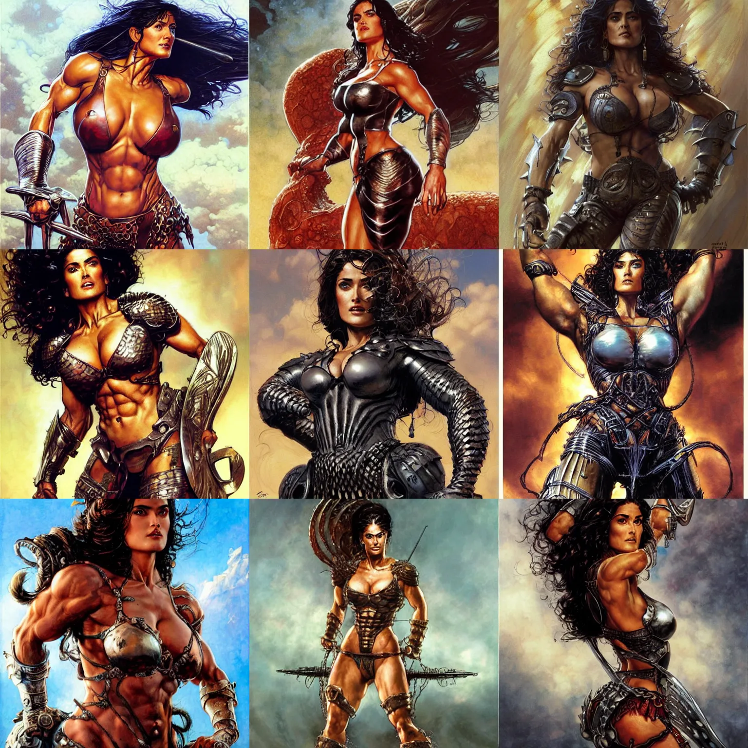 Prompt: muscular beautiful salma hayek wearing steel armor tombow artwork greg staples , dug stanat, norman rockwell , christophe young eytan zana , rumiko takahashi ,