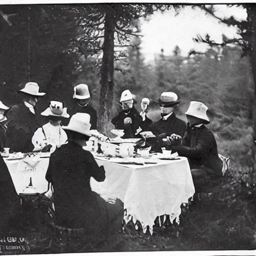 Image similar to “ grizzly bear tea party, 1 9 0 0 ’ s photo ”