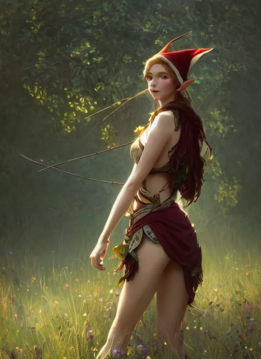 Image similar to A stunning elf female on a beutiful meadow, afternoon, art by Artgerm and Greg Rutkowski and Alphonse Mucha and miro manara, unreal 5, DAZ, hyperrealistic, octane render, RPG portrait, ambient light, dynamic lighting