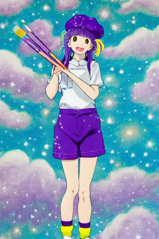 Prompt: Full body anime painting of a happy teenage girl holding a paintbrush with short blond hair and freckles wearing an oversized purple Beret, Purple overall shorts, jester shoes, and white leggings covered in stars. Surrounded by clouds and the night sky. Rainbow accents on outfit. Soft Lighting. By Rumiko Takahashi. By Naoko Takeuchi. By CLAMP. By WLOP.
