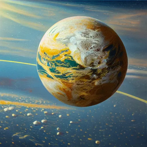 Prompt: view from space, rubber band ball planet, oil on canvas, intricate, 8 k highly professionally detailed, hdr, cgsociety