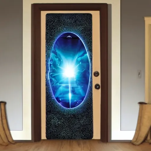 Image similar to portal door on the carpet opening to other dimensions, an alien coming out of the portal, scary