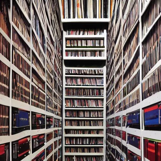 Prompt: huge audio archive storage facility with shelves from the floor to the ceiling full of cd cases