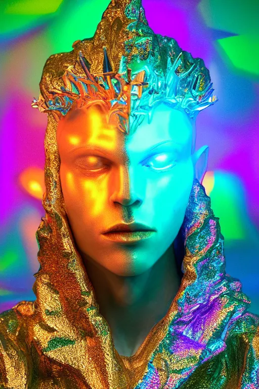 Prompt: hyper detailed ultra sharp portrait of baroque and bladerunner delicate neon ruby sculpture of seductive albino primce royce tigers orange iridescent humanoid deity wearing metallic hoody made out of leaves holding the sun prismatic dungeon, glowing rainbow face, crown of white diamonds, cinematic lighting, photorealistic, octane render 8 k depth of field 3 d