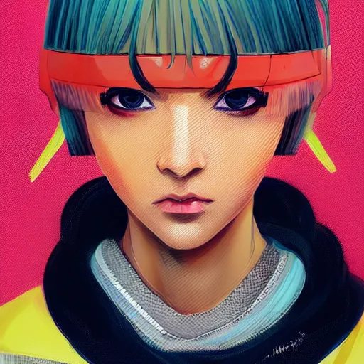 Image similar to poster woman with futuristic streetwear and hairstyle, colourful, cute face, anime eyes, dynamic portrait, full face shot, intricate eyes, beautiful, elegant, Anime by Kuvshinov Ilya, Cushart Krentz and Gilleard James, 4k, HDR, Trending on artstation, Behance, Pinterest, award winning