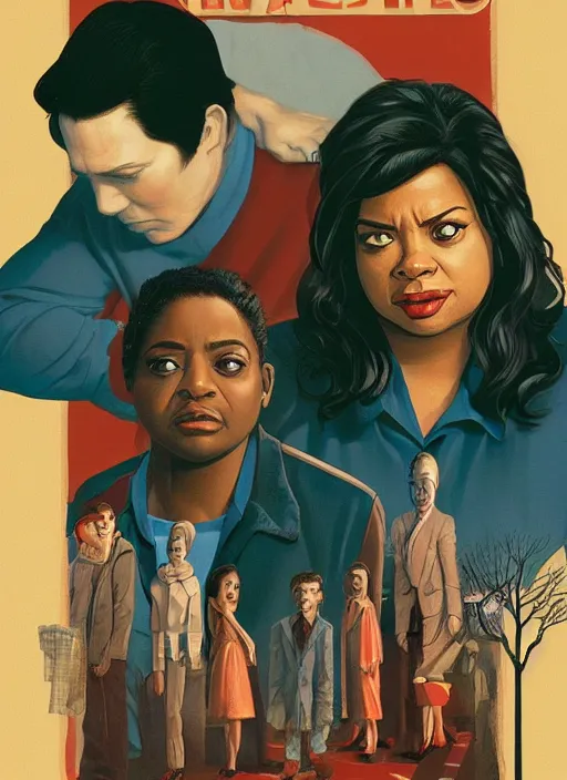 Prompt: psychological thriller I Only Have Eyes For You poster artwork the by Michael Whelan and James Jean, of Octavia Spencer has mysterious man's voice in her head telling her what to do, psychological thriller romance from scene from Twin Peaks, clean, beautifully rendered shaded but simple illustration, nostalgic, domestic, full of details