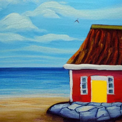 Image similar to A painting of a cozy cottage with a view of the beach