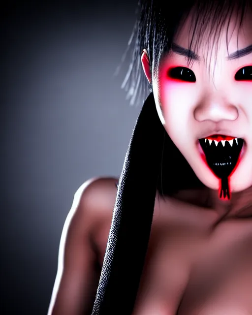 Image similar to beautiful female asian vampire ninja showing her fangs, in a menacing pose, award - winning 4 k photograph, dark and creepy lighting