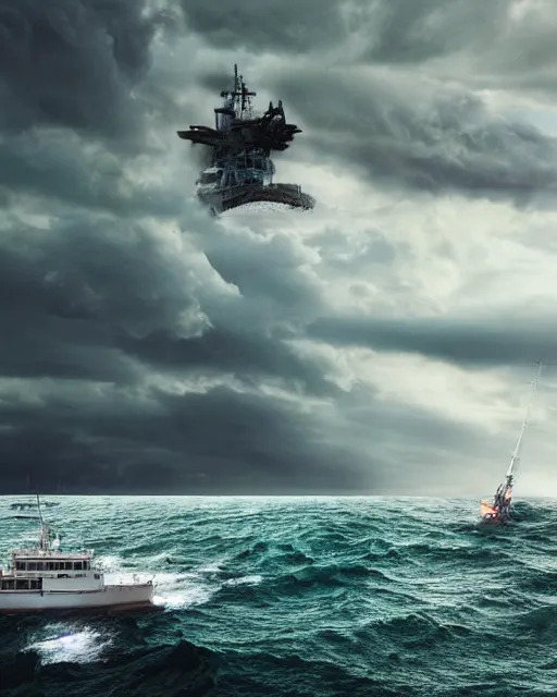 Image similar to a fishing boat on stormy seas, a gigantic star destroyer spaceship with glowing green lights flying overhead, ready to fire, the gigantic star destroyer spaceship is emerging from storm clouds, sunset lighting, stormy weather, dramatic lighting, unreal engine, hyper realism, realistic shading, cinematic composition, realistic render, octane render, detailed textures, photorealistic, ultrawide shot, 1 6 mm lens