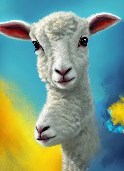 Image similar to a painting of a lamb's face with blue and yellow smoke coming out of, a digital painting by petros afshar, behance contest winner, digital art, behance hd, digital illustration, digital painting