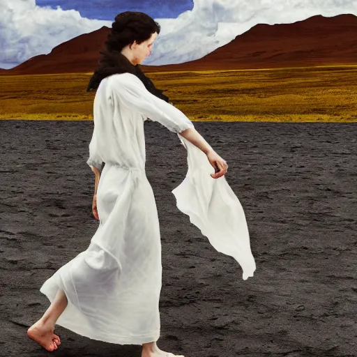 Prompt: a girl with long white long dress walking in black sand desert crows around her by egon schiele and michael angelo, baroque, neo Gothic,matte painting, baroque detailes,photo real,concept art,highly detailed,sharp lines, hdri, 4k
