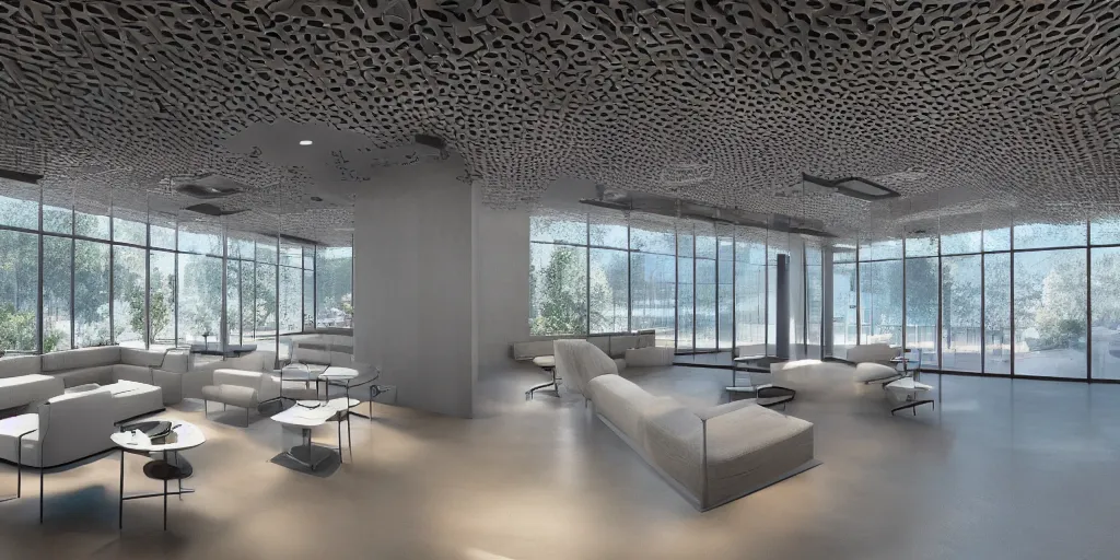 Prompt: dreaming interior architecture for google office, dynamic lighting, glass windows, dreamy, relaxing environment, hyperrealistic, intricate details, 8 k, lighting on concrete