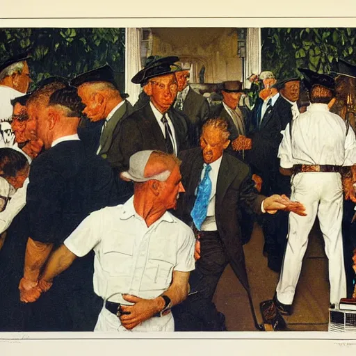 Prompt: norman rockwell painting of the fbi raiding mar - a - lago, highly detailed award winning painting,