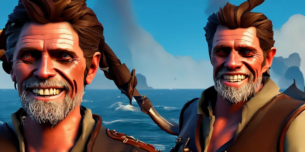 Prompt: selfie of willem dafoe as a sea of thieves character, sea of thieves screenshot, storm, unreal engine, digital art