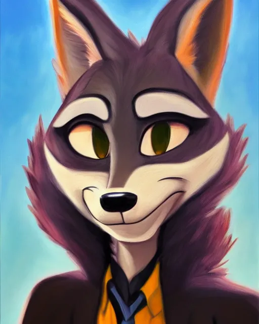 Image similar to oil painting of anthromorphic female wolf, in style of zootopia, female fursona, furry, furaffinity, 4 k, deviantart, furry art, fursona art, wearing black business suit, business suit, wolf fursona, female, very expressive detailed feminine face,