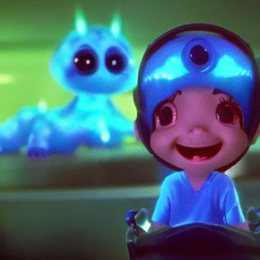 Image similar to cute smiling pixar and chibi style electric blue scaled glowing baby dinosaurs in tron movie, cinestill