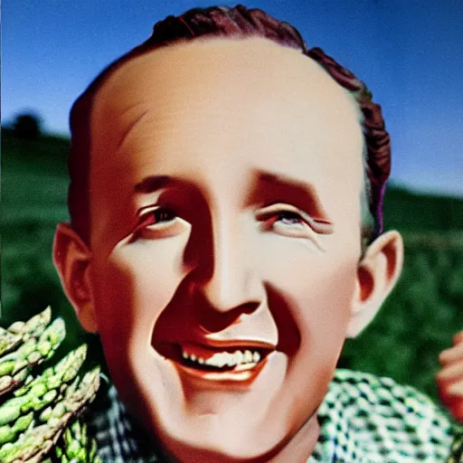 Image similar to vintage art of Bing Crosby in a field of giant asparagus