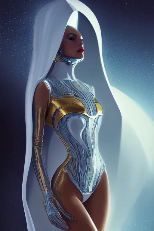 Image similar to detailed portrait glam cyber noun, attractive feminine curves, intricate, scifi, futuristic, elegant cape, elegant, alien room background, white, blue, gold, photorealism, trending on artstation, holy halo, advanced technology, art by moebius and vitaly bulgarov and chanthara