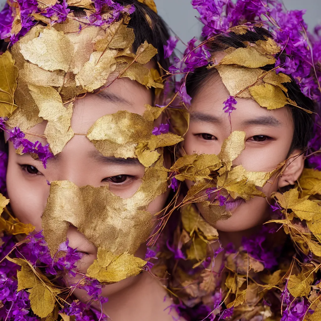 Prompt: close up portrait of a young korean face, gold leaves and violet silk threads mask, fashion magazine, portrait photography, annie leibovitz, david lazar, 1 0 5 mm, f 2. 8, in autumn, 8 k, detailed