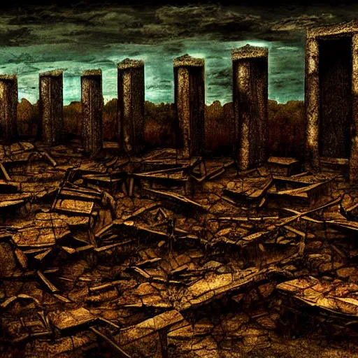 Prompt: a ruined and desolete landscape, painting, digital art, harsh lighting, dark, scary, grotesque