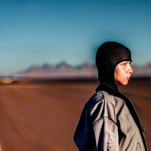 Image similar to photograph of a techwear woman, closeup, on a desert road with a futuristic city in the horizon, sigma 85mm f/1.4, 4k, depth of field, high resolution, 4k, 8k, hd, full color