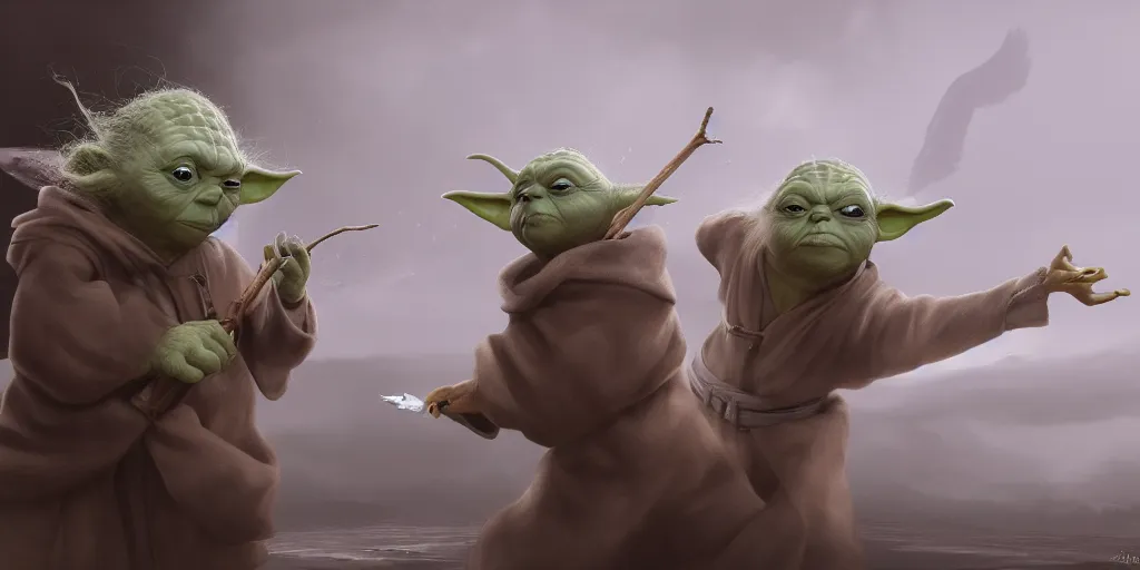 Image similar to Yoda smacking a seagull with a stick, hyperdetailed, artstation, cgsociety, 8k