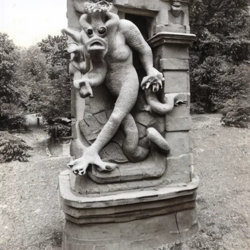 Image similar to antique photo of a creature busting out of a stone gargoyle, highly detailed, cfg = 1 5