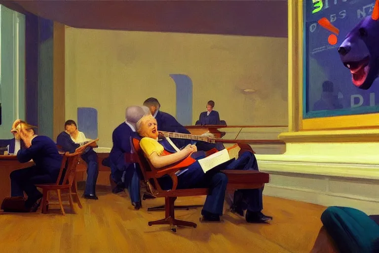 Image similar to bears screaming on the floor of the NYSE as the markets rally to all-time-highs, painting by Edward Hopper, 3D rendering by Beeple, lead guitar by Betty White