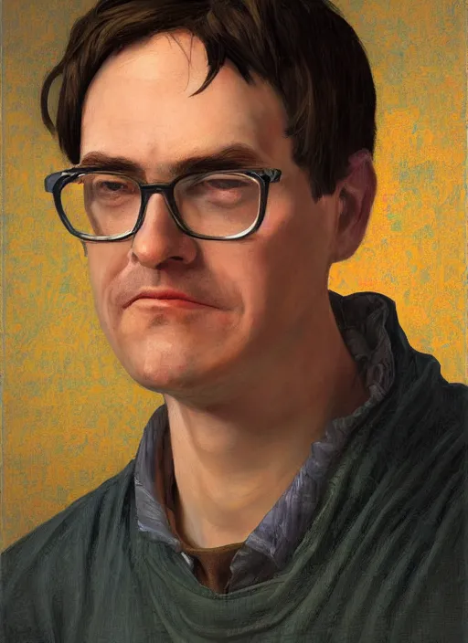 Prompt: close-up portrait of John Egbert,, painting in the museum, highly detailed, sharp focus, digital painting, artwork by Kinkade, by Victor Adame Minguez by Yuumei by Tom Lovell by Sandro Botticelli