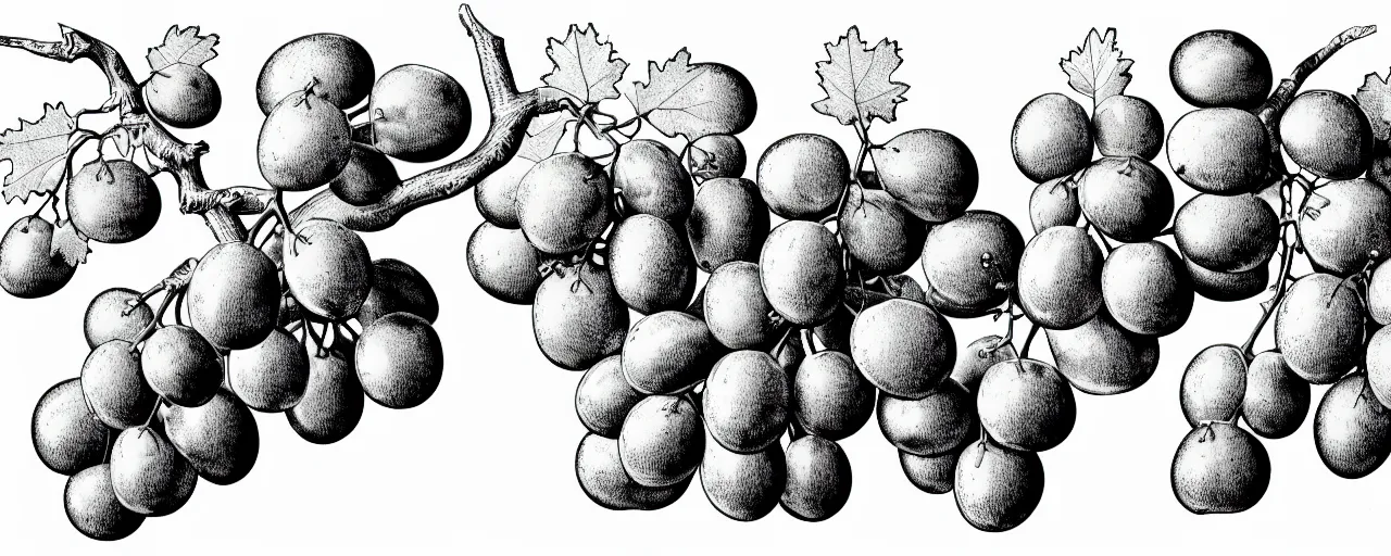 Prompt: a full page schematic diagram illustration of an oak branch with grapes, with oak!! leaves and some oak acorns, ultra detailed, 4 k, intricate, encyclopedia illustration, fine inking lines