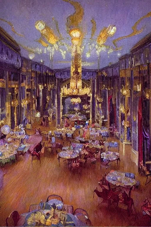 Prompt: 1920s cinematic aerial view of decorated surrealist ballroom, the moon casts long exaggerated shadows, crystalline light rays refract dust, impressionst oil painting on wood, big impressionist oil paint strokes, decadent interior dinning room with centered grand crystal chandelier, symmetric 1930s dimly lit art deco interior concept art by Ivan Aivazovsky, ukiyo-e print, japanese woodblock, aerial view