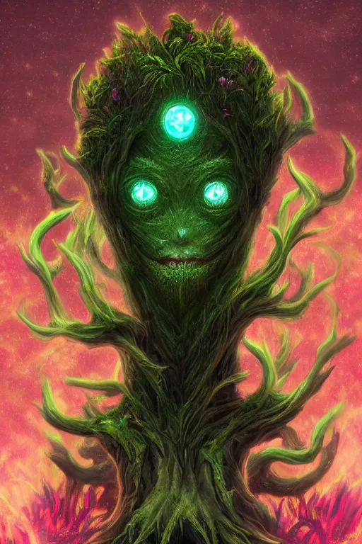 Image similar to a glowing humanoid figure plant monster with large eyes, highly detailed, digital art, sharp focus, trending on art station, moss, anime art style