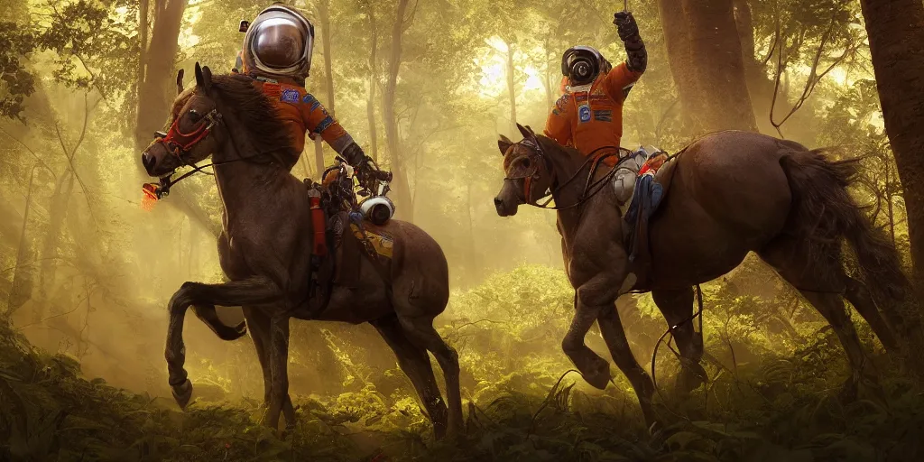 Prompt: american astronaut in an indian forest riding a beautiful stallion, plants environment, furious action scene, wide angle, cinematic lighting, atmospheric, ultrarealistic, trending on artstation, cgsociety, highly detailed, color graded, in the style of craig mullins, rendered in Unreal Engine 4k HQ, horizon forbidden west