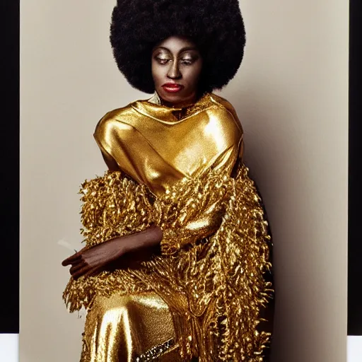 Image similar to portrait of an afro woman with gold clothings and jewelry photographed by irving penn