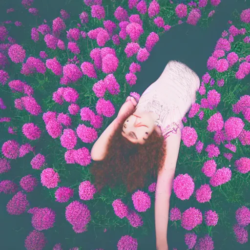 Prompt: close up aerial view portrait of a woman with curly red hair laying in a field of flowers looking at the camera, pastel faded effect, synthwave colors, 8K