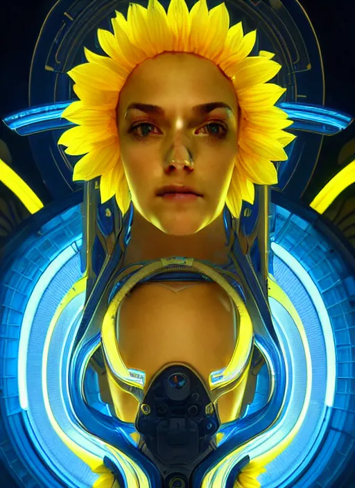 Image similar to symmetry!! portrait of a sunflower, sci - fi, tech wear, blue and yellow glowing lights!! intricate, elegant, highly detailed, digital painting, artstation, concept art, smooth, sharp focus, illustration, art by artgerm and greg rutkowski and alphonse mucha