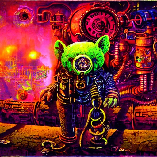 Image similar to steampunk rat, acid, 303, psychedelic, by paul lehr