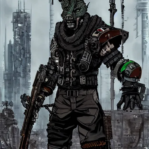 Image similar to a post-apocalyptic cyberpunk grimdarka bandit-raider leader in the style of leonard boyarsky in the style of Yoji Shinkawa detailed realistic HD 8k High Resolution