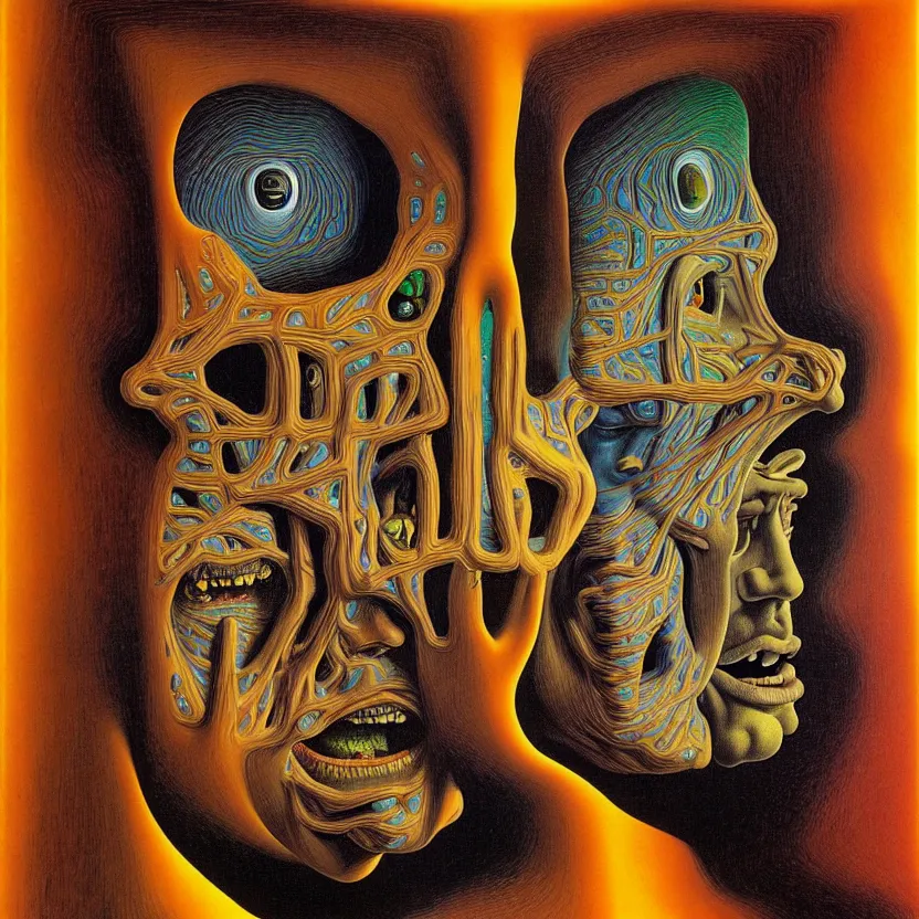 Image similar to a face coming out of a face coming out of a face coming out of a face, recursion, fractals, surreal, by salvador dali and mc escher and max ernst, oil on canvas, weird, dreams, fantasy, intricate details, soft lighting, warm colors