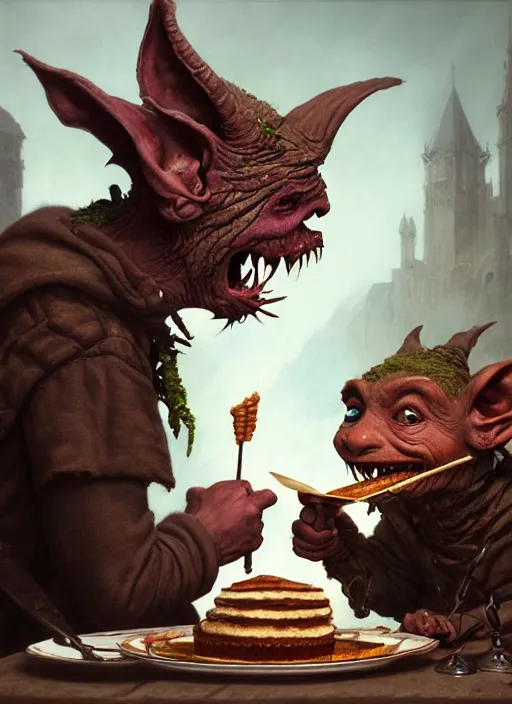 Image similar to highly detailed closeup portrait of a medieval goblin eating cakes, stephen bliss, unreal engine, greg rutkowski, ilya kuvshinov, ross draws, hyung tae and frank frazetta, tom bagshaw, tom whalen, nicoletta ceccoli, mark ryden, earl norem, global illumination, god rays, detailed and intricate environment